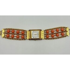 Vintage Kenneth J Lane KJL Gold Tone Watch W/Removable Faux Coral Beads Bracelet